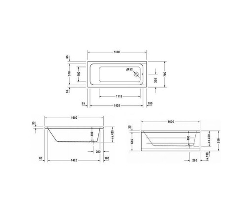 Duravit D-Code  Ванна акриловая 160х70x40см, встраиваемая, с 1 наклоном для спины, выпуск в зоне ног, цвет: белый. 700096000000000,  790225000001000/89013099098000