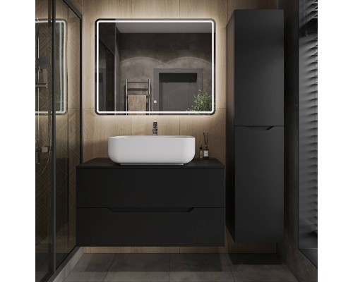 Мебель для ванной комнаты Orange Line 100 подвесная, 2 ящика, матовая черная с раковиной B03-600W