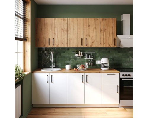 Кухонный гарнитур Domaci Болонья 260 см, фасад белый, дуб вотан, ручка черная, столешница дуб вотан KUH-1008242