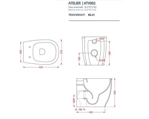 Artceram Atelier Унитаз напольный, 52х37хh42см, безободковый, слив универсальный, с крепежом, цвет: Pink. ATV002 33 00 Artceram Atelier Унитаз напольный, 52х37хh42см, безободковый, слив универсальный, с крепежом, цвет: Pink. ATV002 33 00