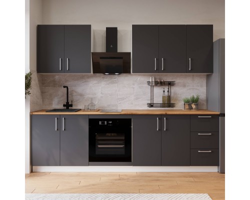 Кухонный гарнитур Domaci Болонья 260 см, фасад графит, ручка хром, столешница дуб вотан KUH-1008793