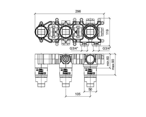 Almar Modular Закладная монокомандного смесителя на 2 потребителя горизонтальная + душ. E186903 Almar Modular Закладная монокомандного смесителя на 2 потребителя горизонтальная + душ. E186903
