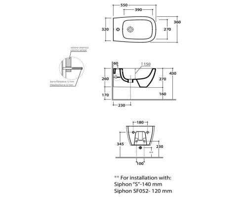 Globo Genesis Биде подвесное 55х36см., 1 отв., с креплением, цвет: белый матовый. GNS09.BO*1