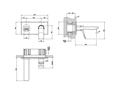 Gessi Rilievo Встраиваемый смеситель для раковины с изливом 175мм, внешние части, цвет: black XL. 59092#299