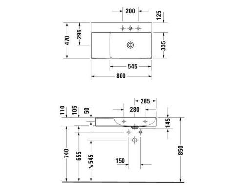 Duravit DuraSquare Раковина подвесная 80х47см, Dx, с отметками на 2 отв., без перелива, с покрытием WonderGliss, цвет: белый. 23498000401