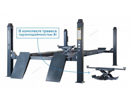 Подъемник 4-стоечный 5 т, c ручной траверсой 3 т N433, для сход-развала, электростопоры,380 В, серый
