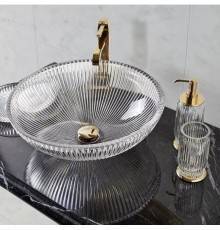 3SC ELEGANCE Раковина накладная, D=43,5/h16 см, без отверстия под смеситель, донный клапан в комплекте, цвет: прозрачный хрусталь/золото 24к. . EL11ACRGD