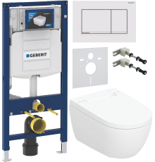 Комплект Умный подвесной Geberit AquaClean Alba безободковый, с биде + Инсталляция Duofix UP 320 111.300.00.5 + Кнопка Sigma 30 115.883.JT.1 белая матовая, хром глянцевый + Звукоизоляция 156.050.00.1 + Крепления 111.815.00.1 к стене