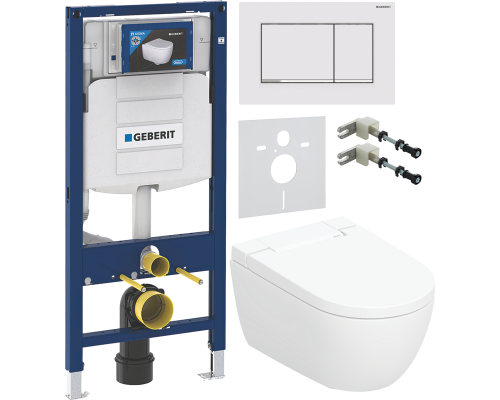 Комплект Умный подвесной Geberit AquaClean Alba безободковый, с биде + Инсталляция Duofix UP 320 111.300.00.5 + Кнопка Sigma 30 115.883.JT.1 белая матовая, хром глянцевый + Звукоизоляция 156.050.00.1 + Крепления 111.815.00.1 к стене