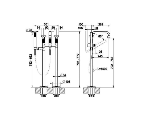 Gessi Inciso Смеситель для ванны, напольный, с ручным душем, цвет: Brushed Brass PVD. 58129#727