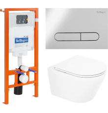 Комплект Унитаз подвесной BelBagno Tre BB8001CHR/SC безободковый, с микролифтом, инсталляция BB002-80 с кнопкой BB005-PR-CHROME