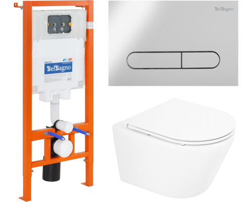 Комплект Унитаз подвесной BelBagno Tre BB8001CHR/SC безободковый, с микролифтом, инсталляция BB002-80 с кнопкой BB005-PR-CHROME