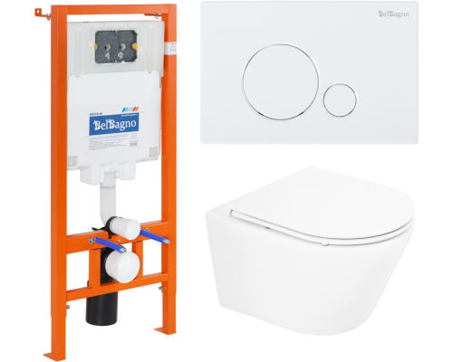 Комплект Унитаз подвесной BelBagno Tre BB8001CHR/SC безободковый, с микролифтом, инсталляция BB002-80 с кнопкой BB014-SR-BIANCO