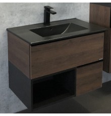 Тумба с раковиной Comforty Франкфурт, 75 подвесная, дуб шоколадно-коричневый, черная раковина