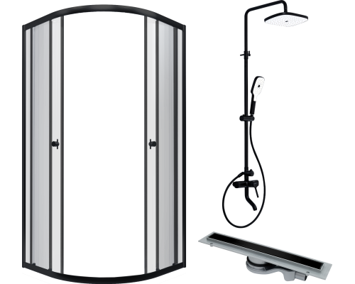 Комплект Душевой уголок DIWO Псков 90x90 профиль черный матовый + Лоток CK DRAIN 1105-00155 55 см, с мокрым затвором, щелевой, из нержавеющей стали, с решеткой, черный + Стойка STWORKI Мосс FT13196OBD со смесителем для ванны, черная матовая