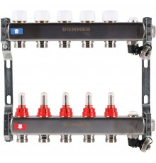 Коллектор из нержавеющей стали с расходомерами ROMMER, с клапаном вып. воздуха и сливом 5 выходов (RMS-1201-000005)