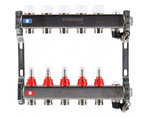 Коллектор из нержавеющей стали с расходомерами ROMMER, с клапаном вып. воздуха и сливом 5 выходов (RMS-1201-000005)