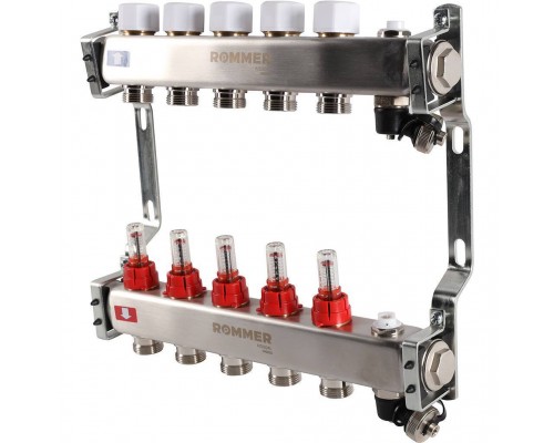 Коллектор из нержавеющей стали с расходомерами ROMMER, с клапаном вып. воздуха и сливом 5 выходов (RMS-1201-000005)