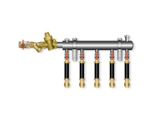 Коллектор модульный БЭФ-КЭВ для систем водоснабжения на 2 отвода, левый, входная группа Ду25 (БЭФ-КЭВ 40.2.Л.25.РФ25.О15)