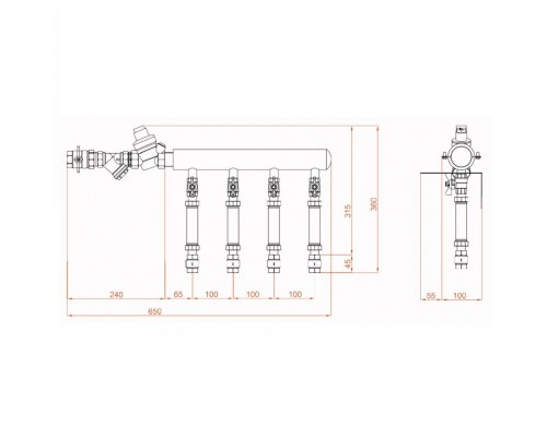 Коллектор модульный БЭФ-КЭВ для систем водоснабжения на 2 отвода, левый, входная группа Ду25 (БЭФ-КЭВ 40.2.Л.25.РФ25.О15)