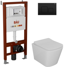 Комплект Унитаз подвесной Bauedge Bau Stil безободковый, с микролифтом + Инсталляция Bau Pro + Кнопка Soul, черная матовая