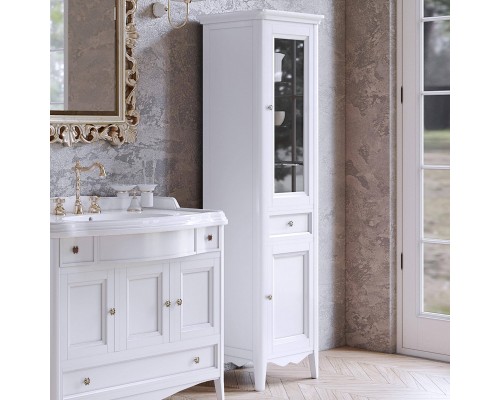 TW Veronica Nuovo Колонна напольная с 2-мя дверцами, 1-м выдвижным ящиком, 3-мя стеклянными полками, доводчиками Blum, ручки бронза, DX - петли справа, Цвет: bianco decape. VER3050D-B