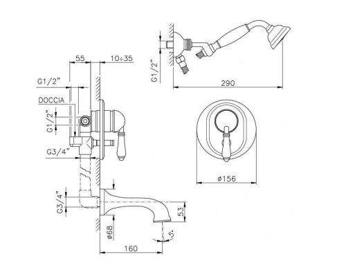 Nicolazzi P.m. Blanc Смеситель для ванны, встраиваемый, с   изливом 16см., и ручным душем, ручки белая керамика, цвет: бронза. 3400BZ76