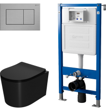 Комплект Унитаз подвесной Point Веста PN41701BM черный матовый, безободковый, с микролифтом + Инсталляция PN45122 с контейнером для гигиенических таблеток + Кнопка Ника PN44081SB нержавеющая сталь, сталь брашированная
