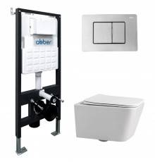 Комплект Abber Rechteck AC1201-AC0105-AC0120, Унитаз подвесной безободковый, с микролифтом + Система инсталляции + Кнопка смыва хром