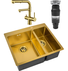Комплект Мойка кухонная Zorg Inox PVD SZR-59-2-51-L BRONZE L, бронза + Смеситель Sanitary SZR-3216 Bronze бронза + Измельчитель Bone Crusher BC 910-SL-Slim Line