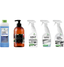 Набор Grass Универсальное моющее средство Gloss 600 мл + Очиститель Cement Cleaner 1 л + Средство Steel Polish 600 мл + Антижир Azelit 600 мл + Жидкое мыло Milana Spring Bloom, 300 мл