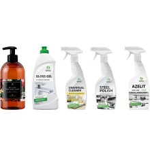 Набор Grass Универсальное моющее средство Universal Cleaner 600 мл + Средство Gloss Gel 500 мл + Средство Steel Polish 600 мл + Антижир Azelit 600 мл + Жидкое мыло Milana Spring Bloom, 300 мл