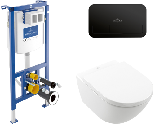 Комплект Унитаз подвесной Villeroy Boch Subway 3.0 4670TS01 alpin, сиденье с микролифтом + Инсталляция 92242700 + Кнопка Viconnect 922490AN black matt Комплект Унитаз подвесной Villeroy Boch Subway 3.0 4670TS01 alpin, сиденье с микролифтом + Инсталляция 92242700 + Кнопка Viconnect 922490AN black matt