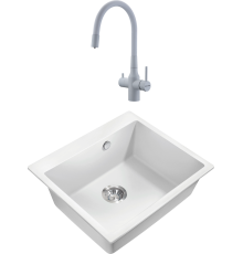 Комплект Мойка кухонная Milacio Murcia Cuarzo 60 MC.77012 белая + Смеситель Paulmark Salix 213419-431 белый матовый, белый, с гибким изливом