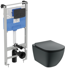 Комплект Унитаз подвесной Ideal Standard IdealMood T4665V3 безободковый, с микролифтом, матовый черный + Инсталляция ProSys R0308A6 с кнопкой смыва черной матовой