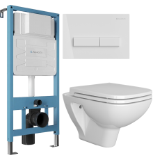 Комплект Унитаз подвесной DIWO Сочи 7508N003-0079 безободковый + Крышка Yakut 0344 с микролифтом + Инсталляция Aqueduto Tecnica TEC01 + Кнопка Retangulo RET0110 европейский белый