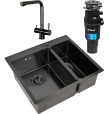 Комплект Мойка кухонная Zorg Inox PVD 59-2-51-L GRAFIT L, графит + Смеситель Inox SZR-7039 GRAFIT графит + Измельчитель Bort Titan 7000