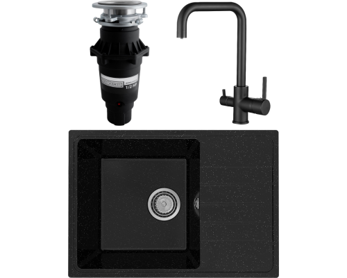 Комплект Мойка кухонная Practik PR-M 600-004 черный оникс + Смеситель BELZ B76802-7 черный + Измельчитель Bone Crusher BC 810-SL Slim Line