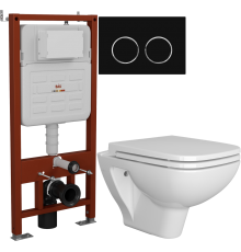 Комплект Унитаз подвесной VitrA Berg 5507B003-6280 с микролифтом + Инсталляция Bauedge Ideal E458103 + Кнопка Round черная матовая