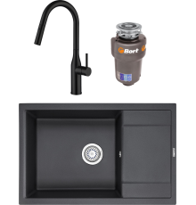 Комплект Мойка кухонная Granula 7805, черный + Смеситель Gappo G4398-46 с выдвижным изливом, черный + Измельчитель Bort Titan Max Power