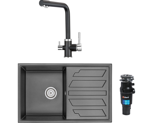 Комплект Мойка кухонная Granula 8002, шварц + Смеситель 2015, шварц + Измельчитель Bort Titan 7000