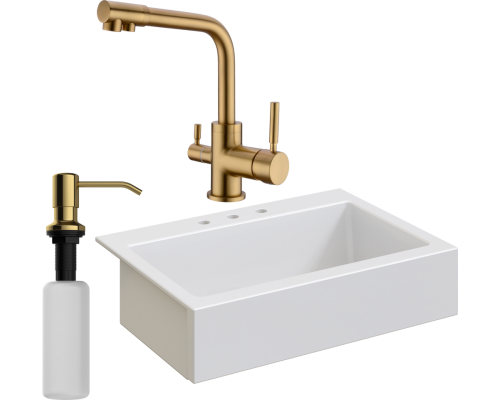 Комплект Мойка кухонная Domaci Сиена 50186-101 с 3 отверстиями, белый глянец + Смеситель Равенна DCB 3003 золото + Дозатор 401 золото