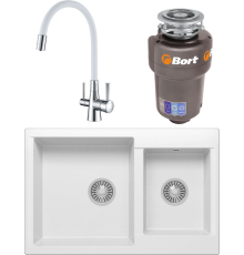 Комплект Мойка кухонная Polygran Brig 772 белый хлопок + Смеситель Lemark Comfort LM3075C-White с гибким изливом, хром, белый + Измельчитель Bort Titan Max Power FullControl