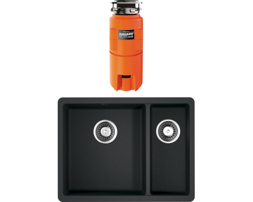 Комплект Мойка кухонная Omoikiri Kata 55-2-U-BL черная + Измельчитель Nagare slim 1250