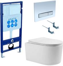 Комплект Унитаз подвесной AQUATEK Мия AQ2004-00 безободковый, с микролифтом + Инсталляция Standard INS-0000012 + Комплект креплений KKI-0000002 + Кнопка KDI-0000022 белый глянец, никель