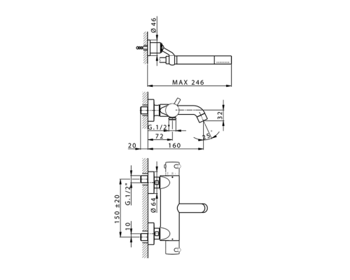CISAL Less New Смеситель термостатический настенный для ванны/душа с ручной лейкой,держателем и шлангом, цвет: черный матовый . LND2301640
