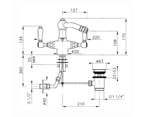 Nicolazzi P.M.Blanc Смеситель для биде с 2мя ручками, на 1 отв., с донным клапаном, излив 127мм, цвет: хром. 1434CR78