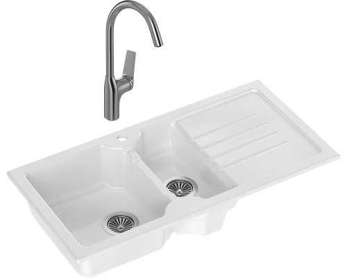 Комплект Мойка кухонная Domaci Сиена 54100-101 белый глянец + Смеситель STWORKI HDA5708XH2