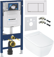 Комплект Умный подвесной Geberit AquaClean Sela Square безободковый, с биде, белый + Инсталляция Duofix UP 320 111.300.00.5 + Кнопка Sigma 30 115.883.JT.1 белая матовая, хром глянцевый + Звукоизоляция 156.050.00.1 + Крепления 111.815.00.1 к стене