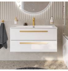 Тумба с раковиной Cezares Eco Cer-N 100 bianco opaco, раковина Eco 100, ручки сатиновое золото